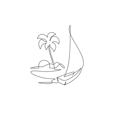 One line drawing tropical oasis island concept. Abstract landscape continuous art with mountains, sea, coconut palm tree, yacht. Vector illustration for minimal poster, template, home decor printのイラスト素材