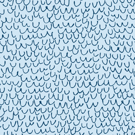 Abstract geometric background in marine style. Scale net print. Wavy squiggle grain texture. Blue waves seamless pattern. Vector illustration for wallpaper design, fabric, textile, paper wrappingのイラスト素材