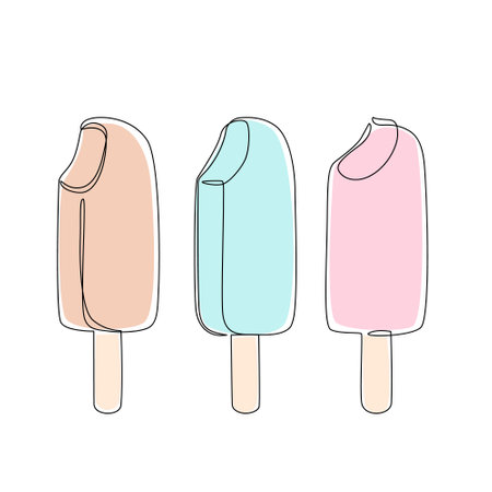 Abstract bitten ice cream continuous one line drawing set isolated on white background. Hand drawn summer cold dessert minimal design art, confectionery concept. Vector illustration for restaurant menuのイラスト素材