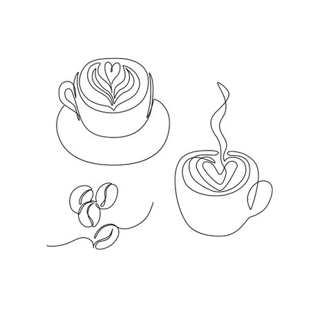 Abstract coffee with heart drawing, coffee beans set continuous one line art. Hand drawn drink beverage minimal design, cafのイラスト素材
