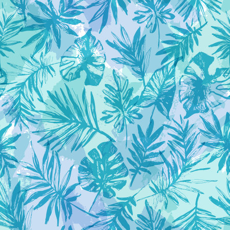 Abstract grunge tropical leaves seamless pattern. Hand drawn abstract monstera, palm, leaf silhouettes on texture shapes background. Vector art illustration for summer design, floral prints, wallpaperのイラスト素材