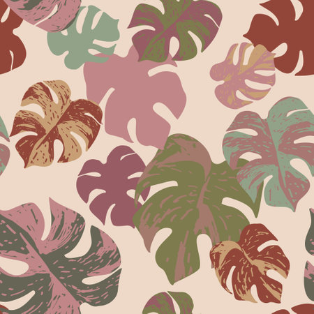 Grunge textured tropical leaves seamless pattern. Background with monstera plant, hand drawn texture in retro colors. Tropic illustration for summer design, floral prints, wallpaperの写真素材