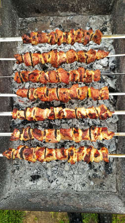 barbecue grilled shashlik kebab on skewerの写真素材