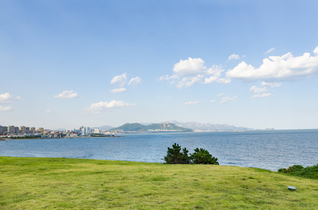 Grassland with city viewの写真素材