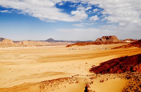 desert valley with blue sky and yellow sand in Sinaiの写真素材