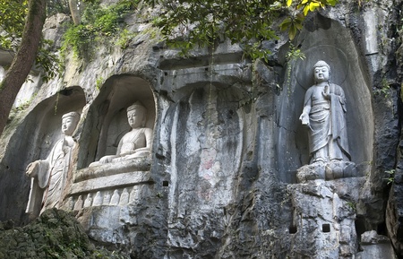Sculpture of Buddha carved into the rock near Hangzhouのeditorial素材