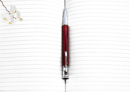 Open notebook with red pen and small flowerの写真素材