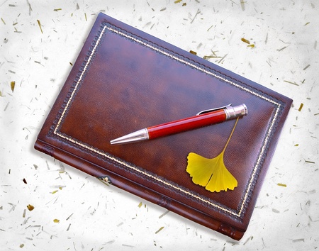 Notebook with pen and ginkgo leaf on paper background