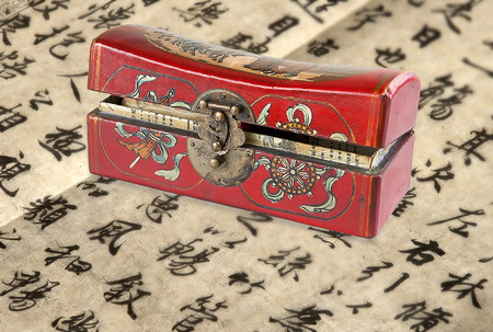 Chinese chest on  beige paper with calligraphyの写真素材
