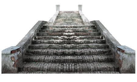 Old ruined stone stairs isolated on a white background for design