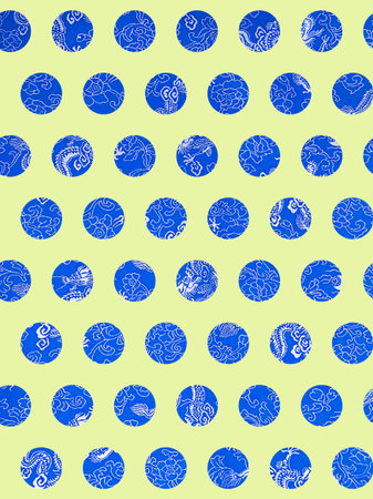 Seamless pattern with abstract blue circles fragments isolated on a yellow backgroundの写真素材