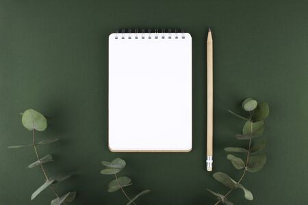 Sketchbook notepad mocap on green emerald background with eucalyptus branch and pencil. Empty white sheet, place for text. Concept of art, ecology, planning. Stationery items, copy space, flat lay.の写真素材