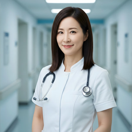 smiling asian nurse in hospital corridorの素材