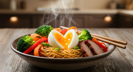 steaming hot ramen noodles fresh vegetables egg porkの素材