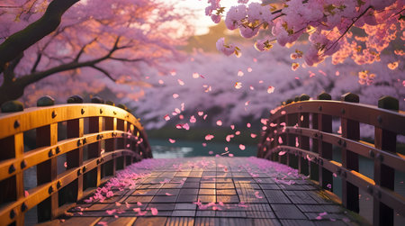 cherry blossom petals on traditional wooden bridge springの素材