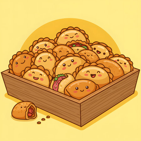 cute happy cartoon dumplings empanadas in boxの素材