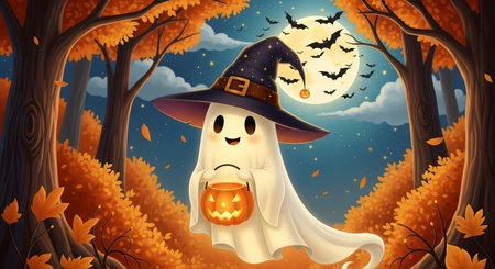 friendly ghost witch hat jack-o-lantern autumn night forestの素材