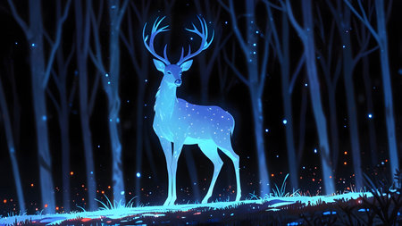 magical glowing deer in enchanted forest at nightの素材