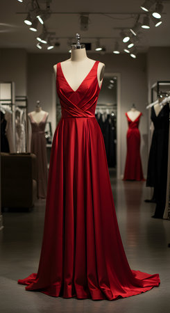 elegant red dress on mannequin in fashion storeの素材