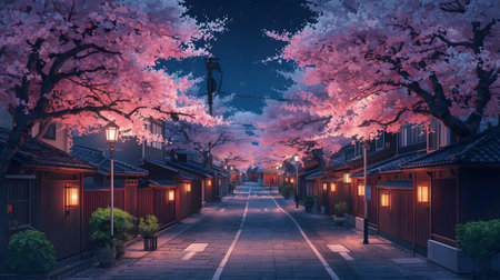 traditional japanese street lined with pink cherry blossoms at nightの素材