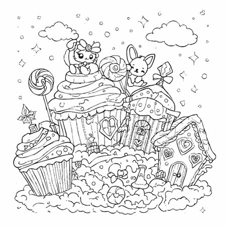 whimsical sweet candy land cupcake houses coloring pageのイラスト素材