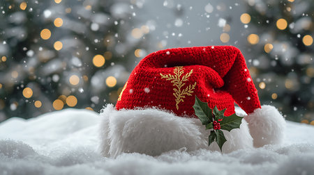 festive santa hat snowy scene christmas backgroundの素材