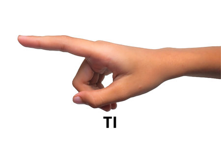 hands making a symbol or sign meaning the letter "d" in American Sign Language (ASL), isolated on a white backgroundの写真素材