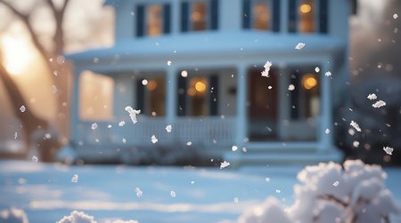 gentle snowfall winter evening cozy suburban homeの素材