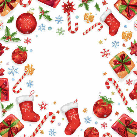 A festive watercolor vector frame featuring classic Christmas elements like red ornaments gift boxes stockings candy canes holly and colorful snowflakes arranged around a central wのイラスト素材