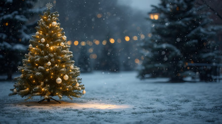 Illuminated Christmas Tree in Snowfall Winter Holiday Sceneの素材