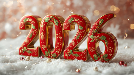 Close-up of decorative red and gold numbers spelling out 2026 adorned with holly and snowflakes resting on a fluffy white surface. Warm bokeh lights and small festive ornamentsの素材
