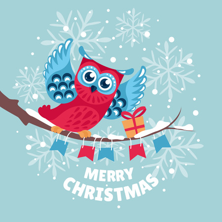 Christmas greeting card with owl vector illustrationのイラスト素材
