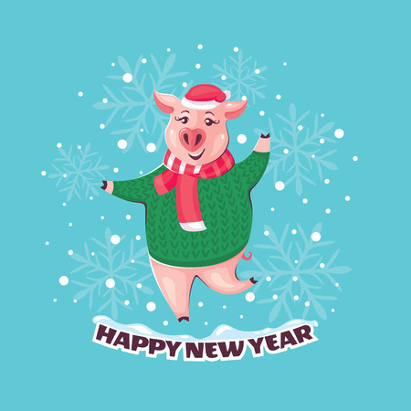 2019 Year of the Pig greeting card vector illustrationのイラスト素材