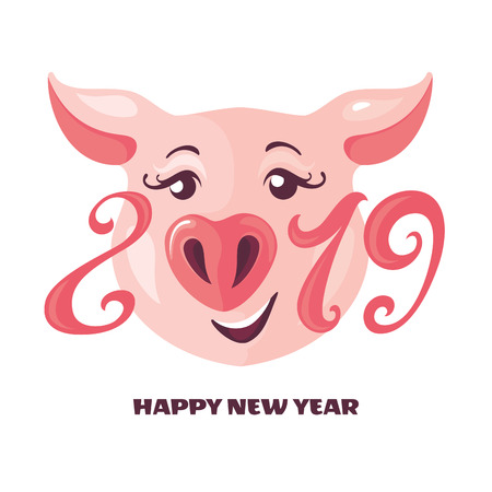 2019 Year of the Pig greeting card vector illustrationのイラスト素材