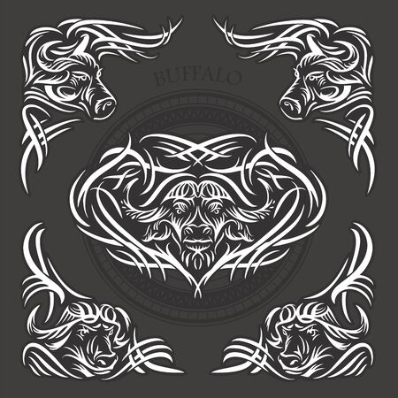 Stylized vector illustration of a buffalo. Design can be used as tattoos, t-shirt graphic print, emblem, etc.のイラスト素材