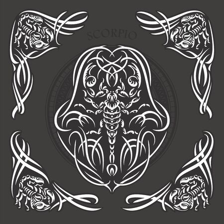 Stylized vector illustration of a scorpio. Design can be used as tattoos, t-shirt graphic print, emblem, etc.のイラスト素材