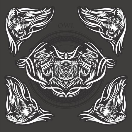 Stylized vector illustration of an owl. Design can be used as tattoos, t-shirt graphic print, emblem, etc.のイラスト素材