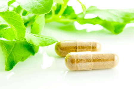 Medicine capsule herb on white .の写真素材