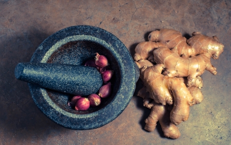 Still Life red onion and  ginger with stone mortalの写真素材