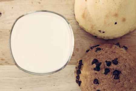 Chocolate chip bakery with milk for breakfast.の写真素材