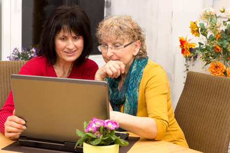 Young woman explains a pensioner how to use a laptop