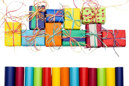 Assortment of wrapping paper and colorful giftsの写真素材