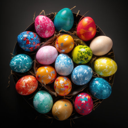 Colorful easter eggs in a basket on a black background.の写真素材