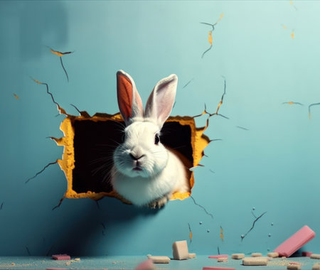 a gray rabbit behind a broken light blue wallの写真素材