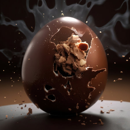 Chocolate egg with splashes and pieces of chocolate on a dark backgroundの写真素材