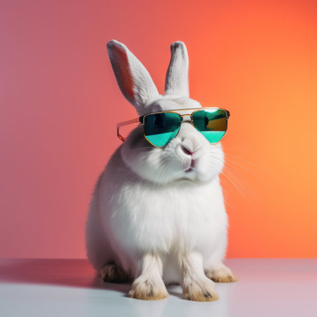 easter rabbit bunny with pink sunglasses, studio lighting, orange peach backgroundの写真素材