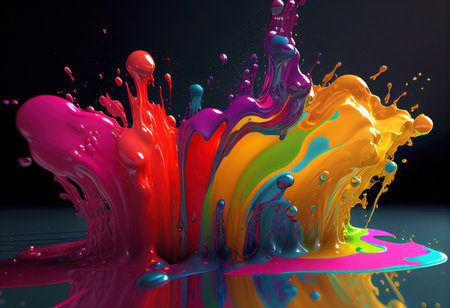 Colorful paint splashes on black background. 3d render illustrationの写真素材