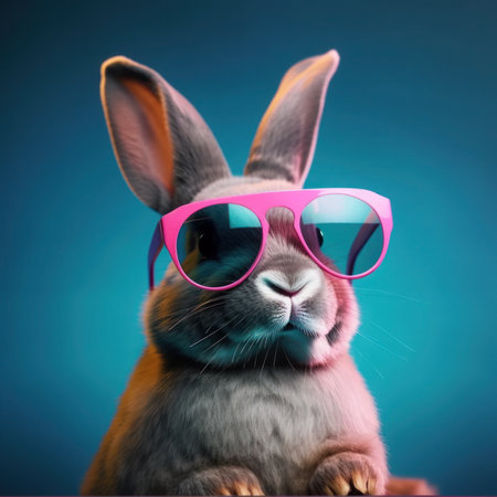 easter rabbit bunny with pink sunglasses, studio lighting, blue backgroundの写真素材