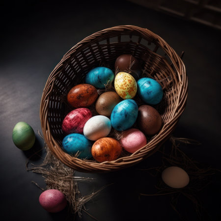 decorated and painted colorful easter eggs in basketの写真素材