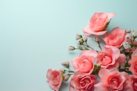 Beautiful pink roses on a blue background. Place for text.の写真素材
